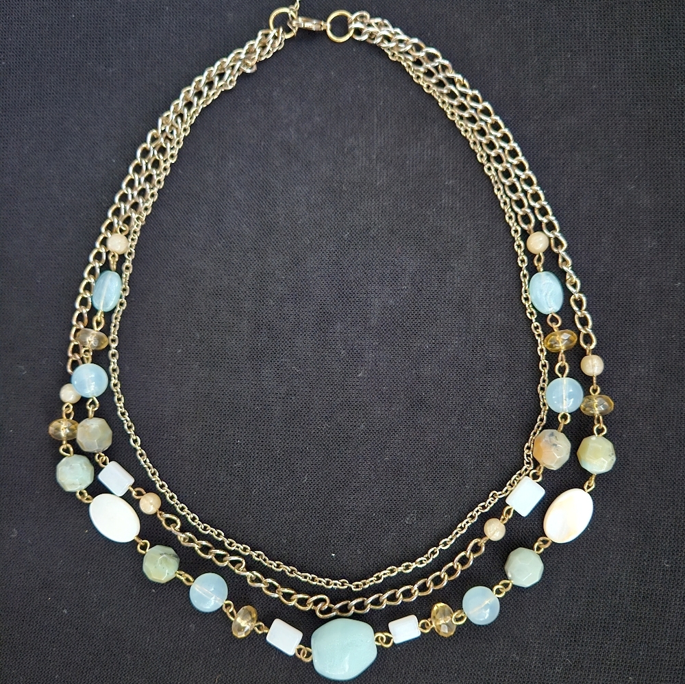 2/30 Pretty Multistring Beaded Short Necklace - Blue and Gold Tone